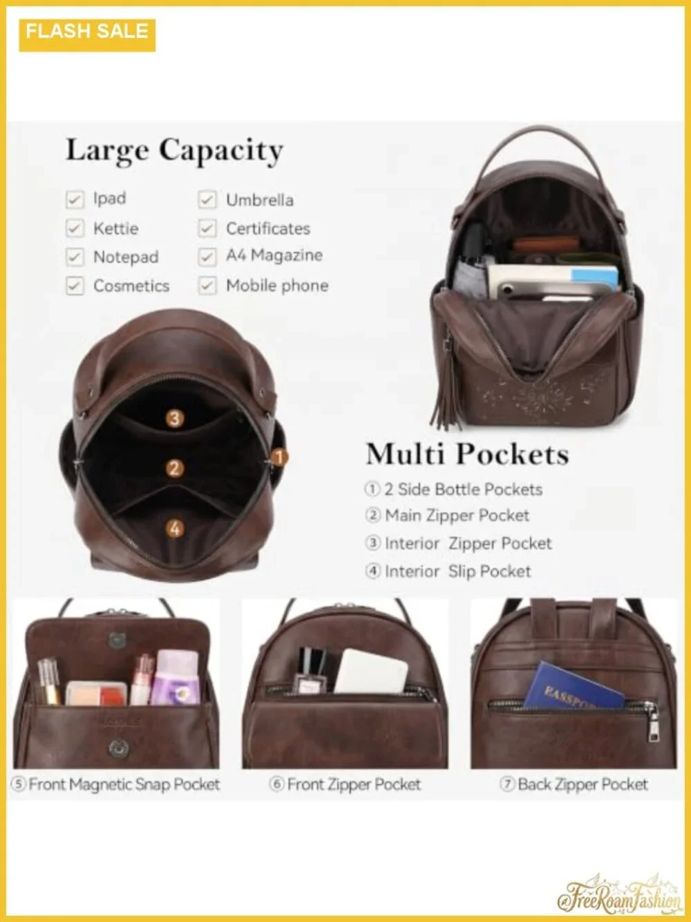 Women's Mini Backpack Purse Lightweight Vegan Leather Multi Pocket Daypack